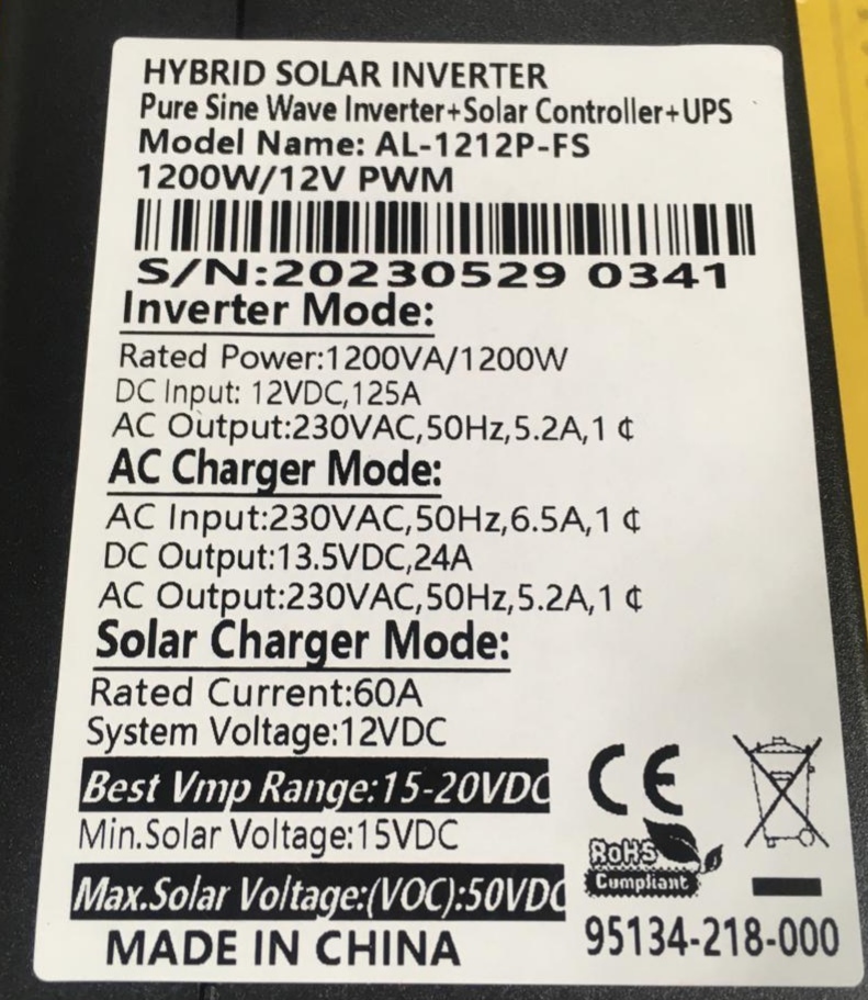 Fivestar 1200W 12V Hybrid Ups Solar Inverter PWM AL1212 With Auto sensing 220VAC/110VAC - Image 6