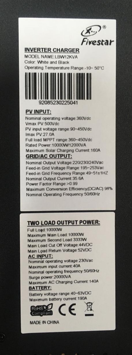 Fivestar 15KVA 12000W 48V MPPT LBW Pure Sine Wave WIFI Hybrid Solar Inverter - Image 4