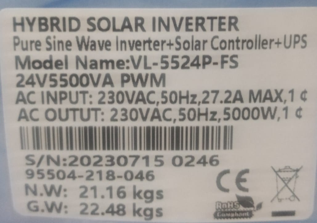 Fivestar 5.5KVA 5000W 24V PWM VL Pure Sine Wave Hybrid Solar Inverter - Image 3