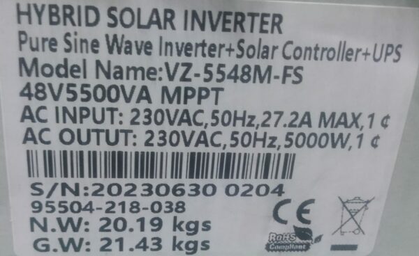 Fivestar 5.5KVA 5000W 48V MPPT VZ Pure Sine Wave Hybrid Solar Inverter ...