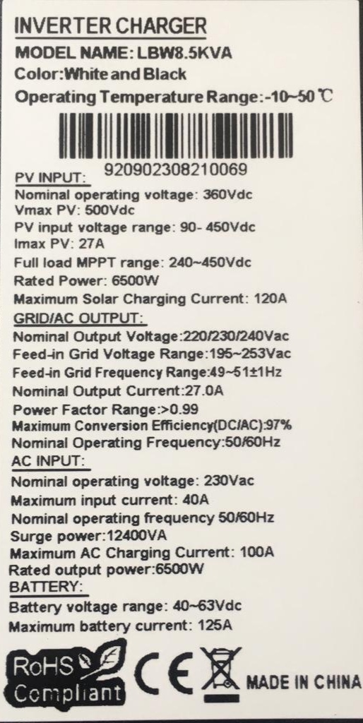 Fivestar 8,5KVA 6500W 48V MPPT LBW Pure Sine Wave WIFI Hybrid Solar Inverter - Image 3