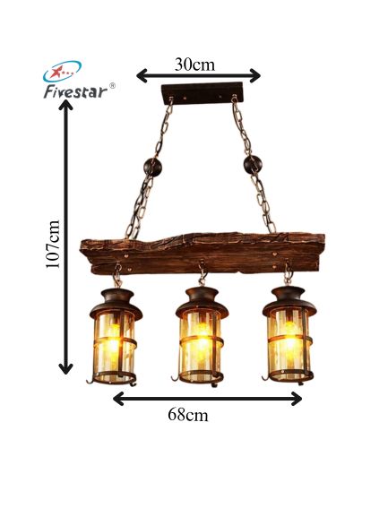 Fivestar CD63- Wood Vintage Industrial Chandelier 3-Lamp