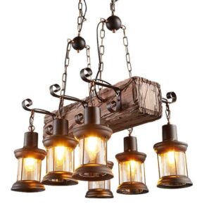 Fivestar- CD64-  6 Vintage Light Industrial Wood Pendant