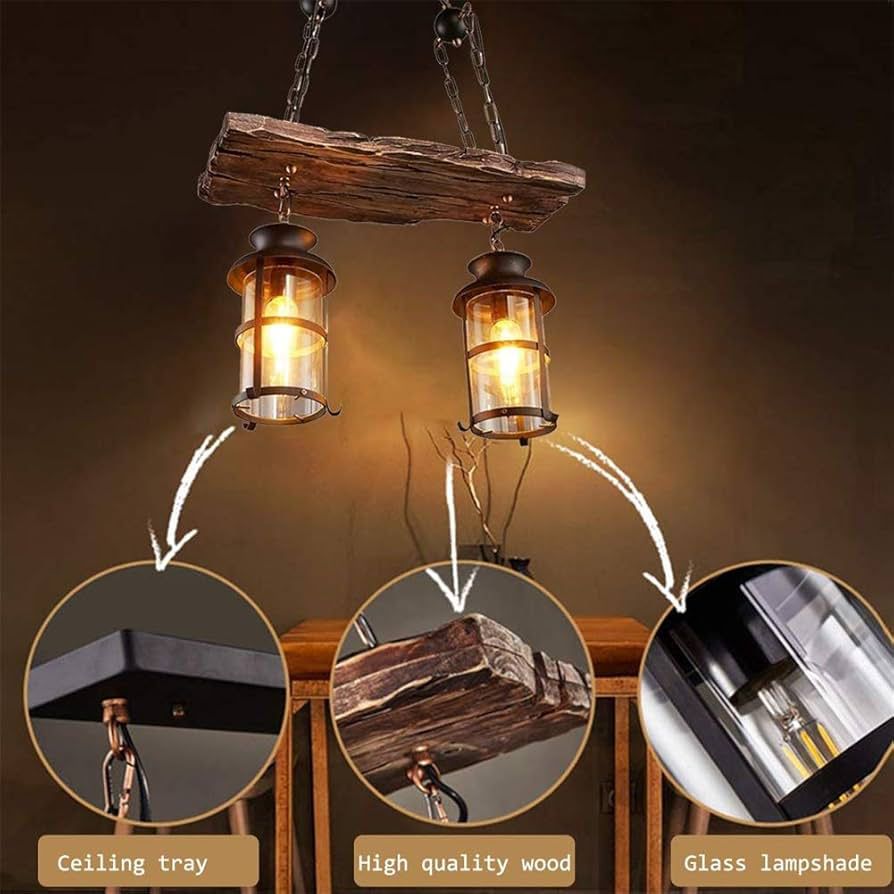 Fivestar-CD62- Wood Vintage Industrial Chandelier 2-Lamp - Image 4