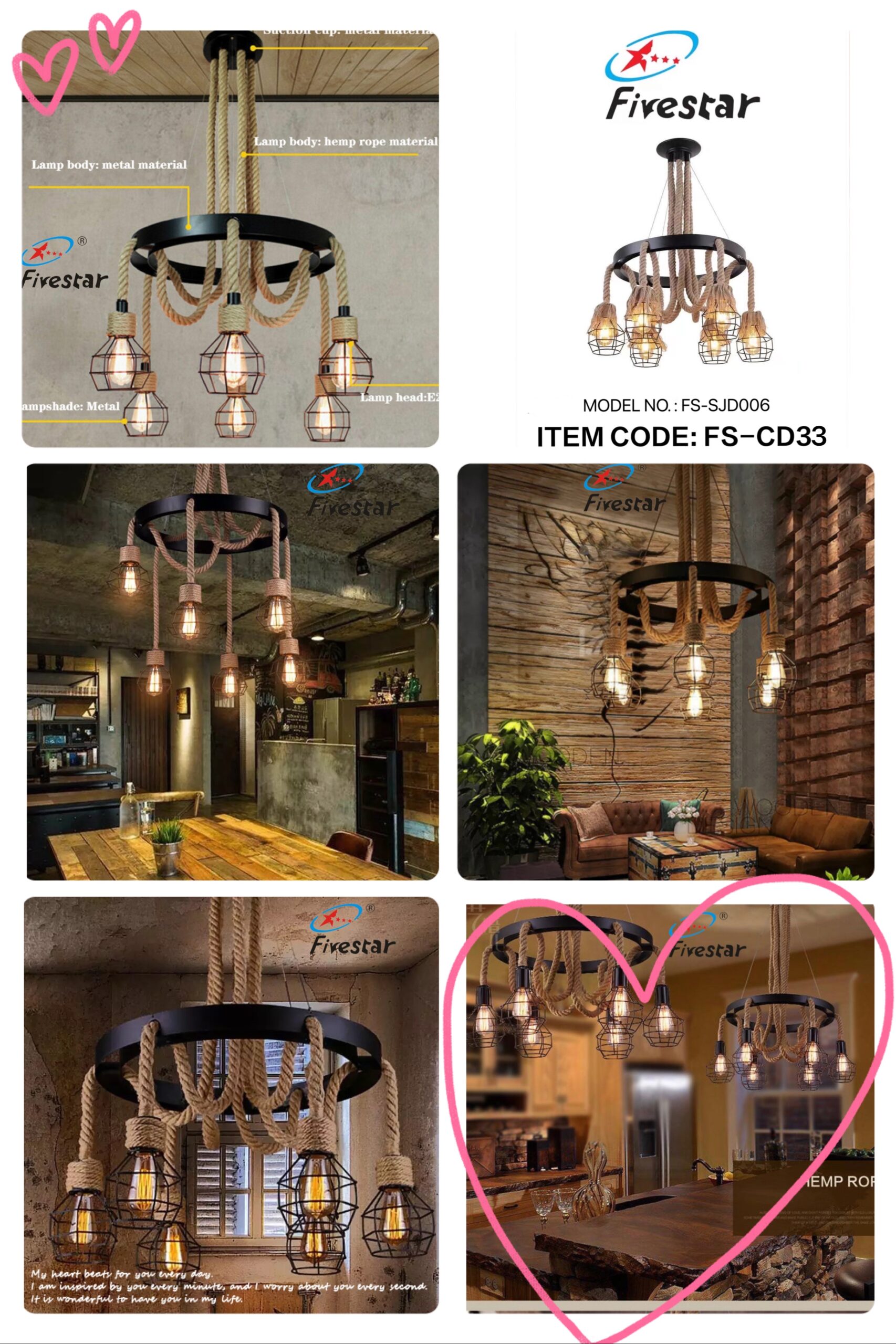 FS-CD33 Rope 6 Cages Round Pendant / Chandelier Ceiling Light (E27) - Image 2