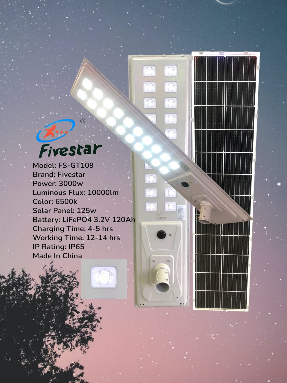 Fivestar-GT109- 3000W 10000lm Solar Street Light IP65 Waterproof