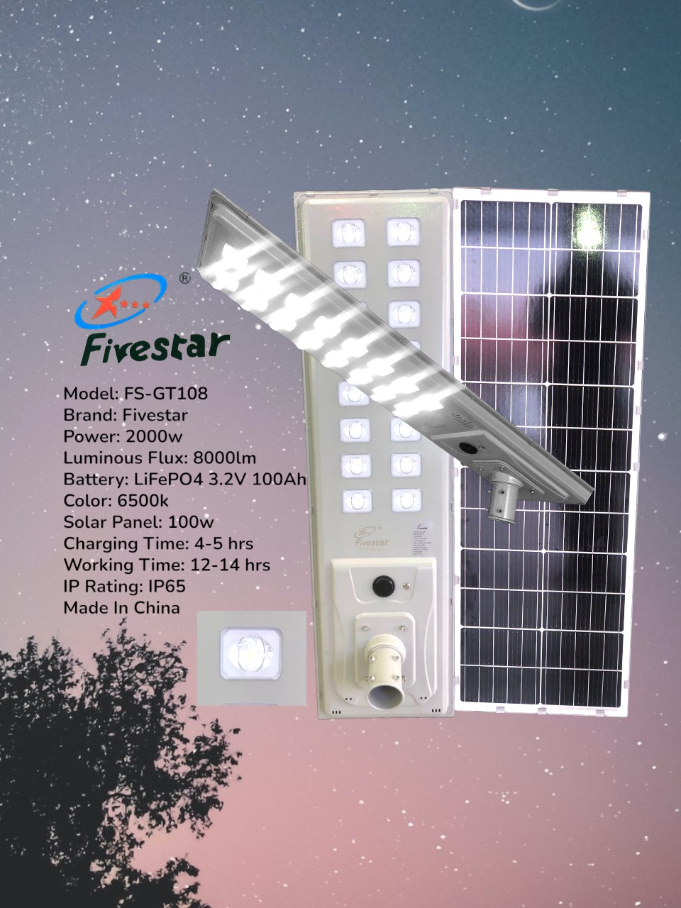 Fivestar-GT108- 2000W 8000lm Solar Street Light IP65 Waterproof