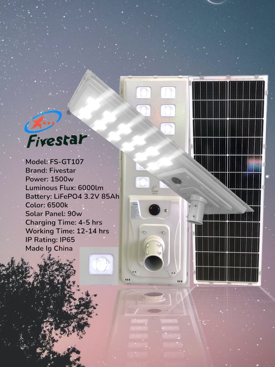 Fivestar-GT107- 1500W 8000lm Solar Street Light IP65 Waterproof